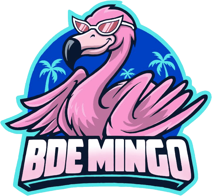 Logo du BDE Mingo : mascotte flamant rose à lunettes de soleil sur un cercle bleu bordé de palmiers.